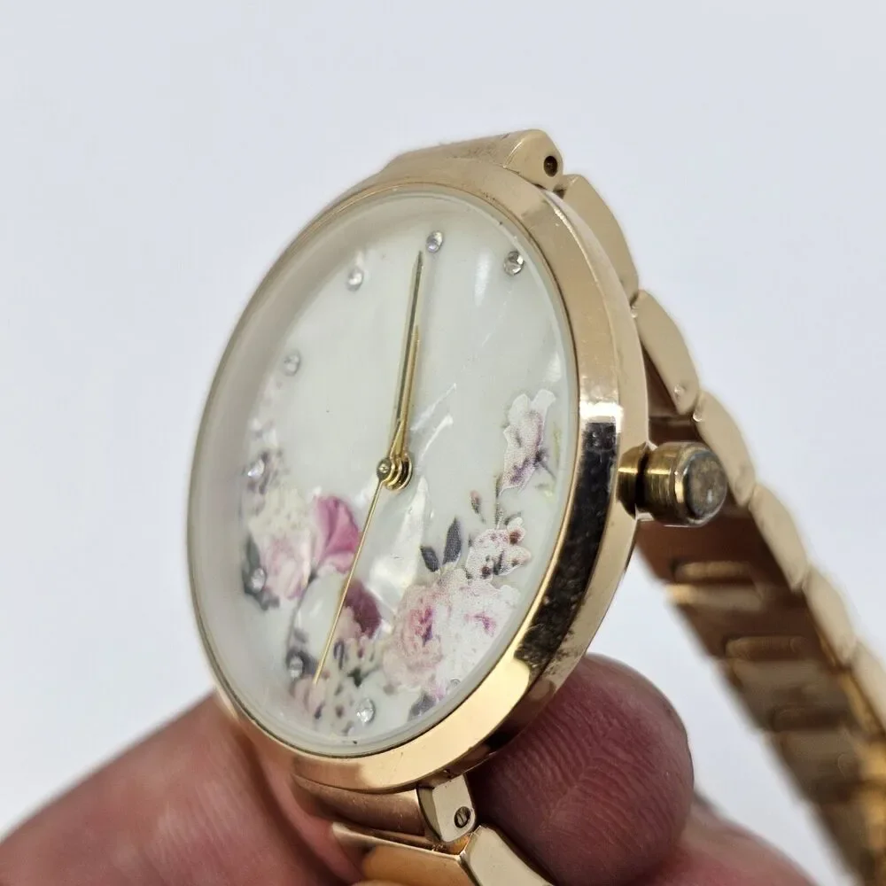 34MM Flowers Dial‎ Women's Watch Gold Tone Bracelet Band 7.25